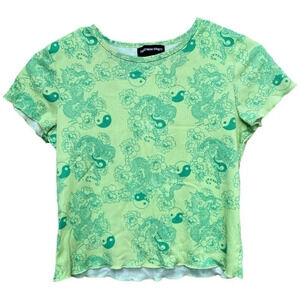 Y2K Streetwear Society Green Fitted Yin Yang Dragon Lotus babydoll cropped tee L